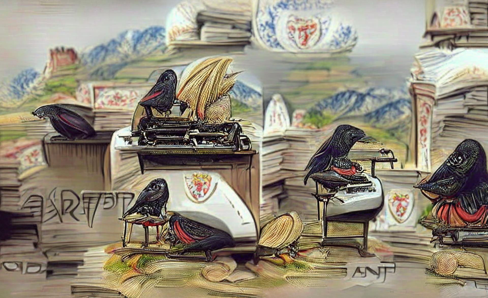 Two Ravens Perched on a Typewriter