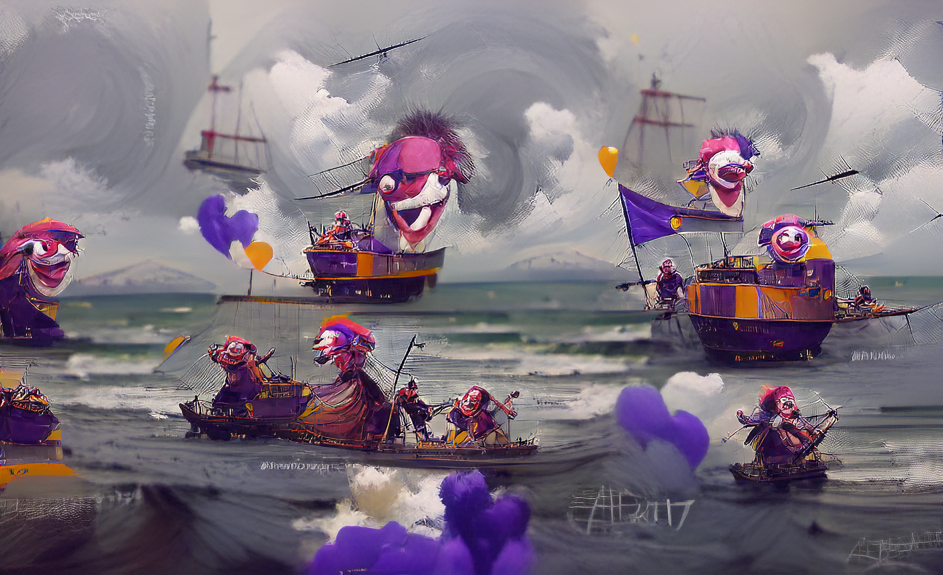 A Purple Pirate Ship of Clowns, Sailing the Silly Sea